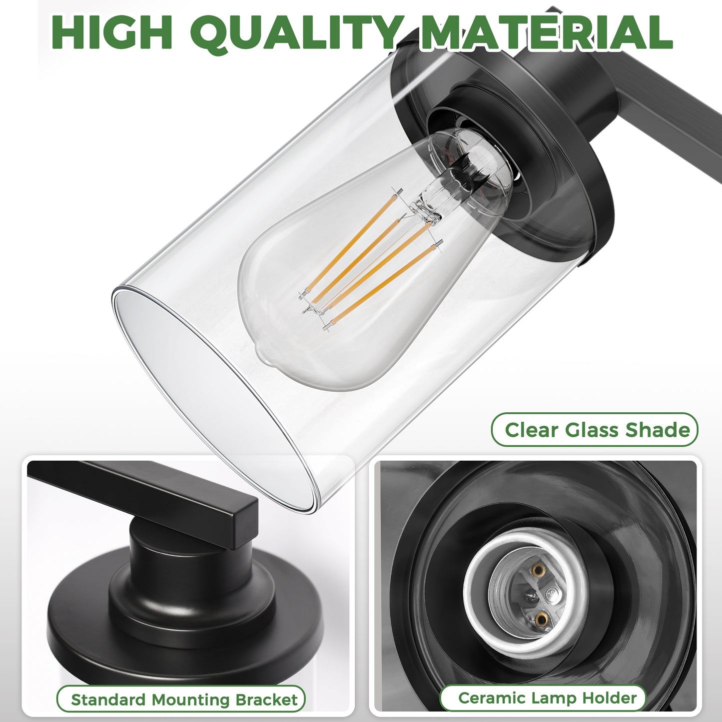 YANSUN 14.17 in. 2-Light Vintage Matte Black Vanity Light with Cylindrical Glass Shades, E26 Base Bathroom Fixture