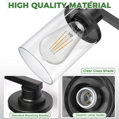 YANSUN 14.17 in. 2-Light Vintage Matte Black Vanity Light with Cylindrical Glass Shades, E26 Base Bathroom Fixture