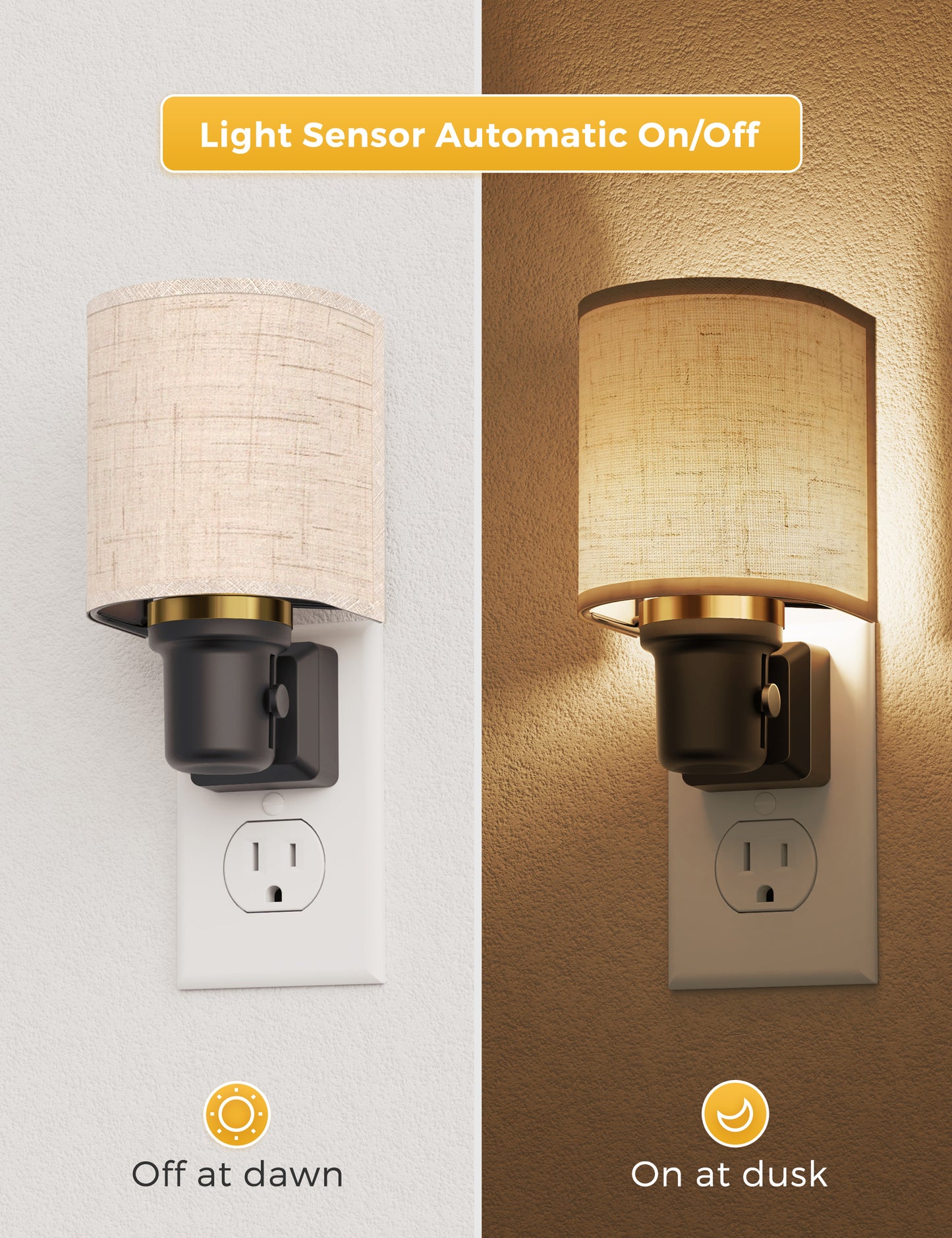 YANSUN 1-Pack 1W Plug-In Dimmable Night Light with Fabric Shade, Warm 2700K LED, Slide Dimmer, US 3-Prong Plug ???¡ì?C Black Base & Copper Finish Accent