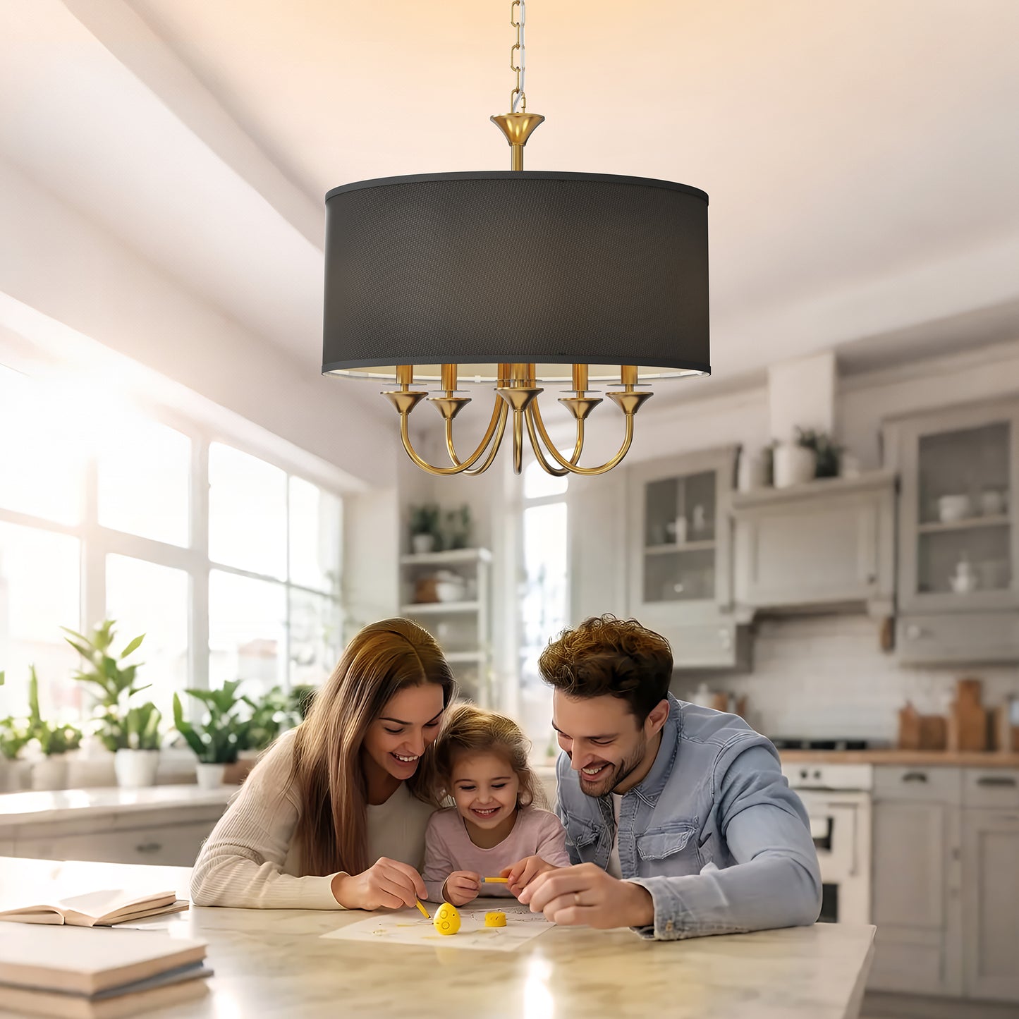 YANSUN 5-Light Gold Drum Chandelier KD Modern Branch Ceiling Light E12 Candle Fixture with Black Shades