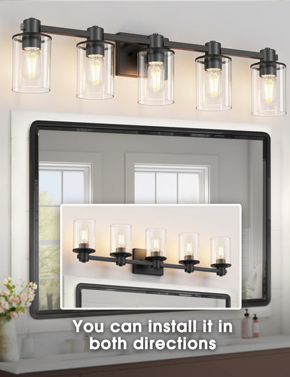 YANSUN 32 in. 5-Light Black Metal Vanity Light with Clear Glass Shade and No Bulbs Included