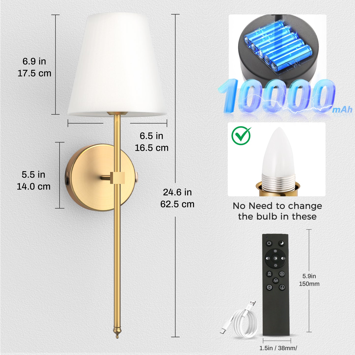 YANSUN 8 in. 1-Light gold Wall Sconce Lamp, Indoor with White Fabric Shade Suitable for Living Room (2-Pack)