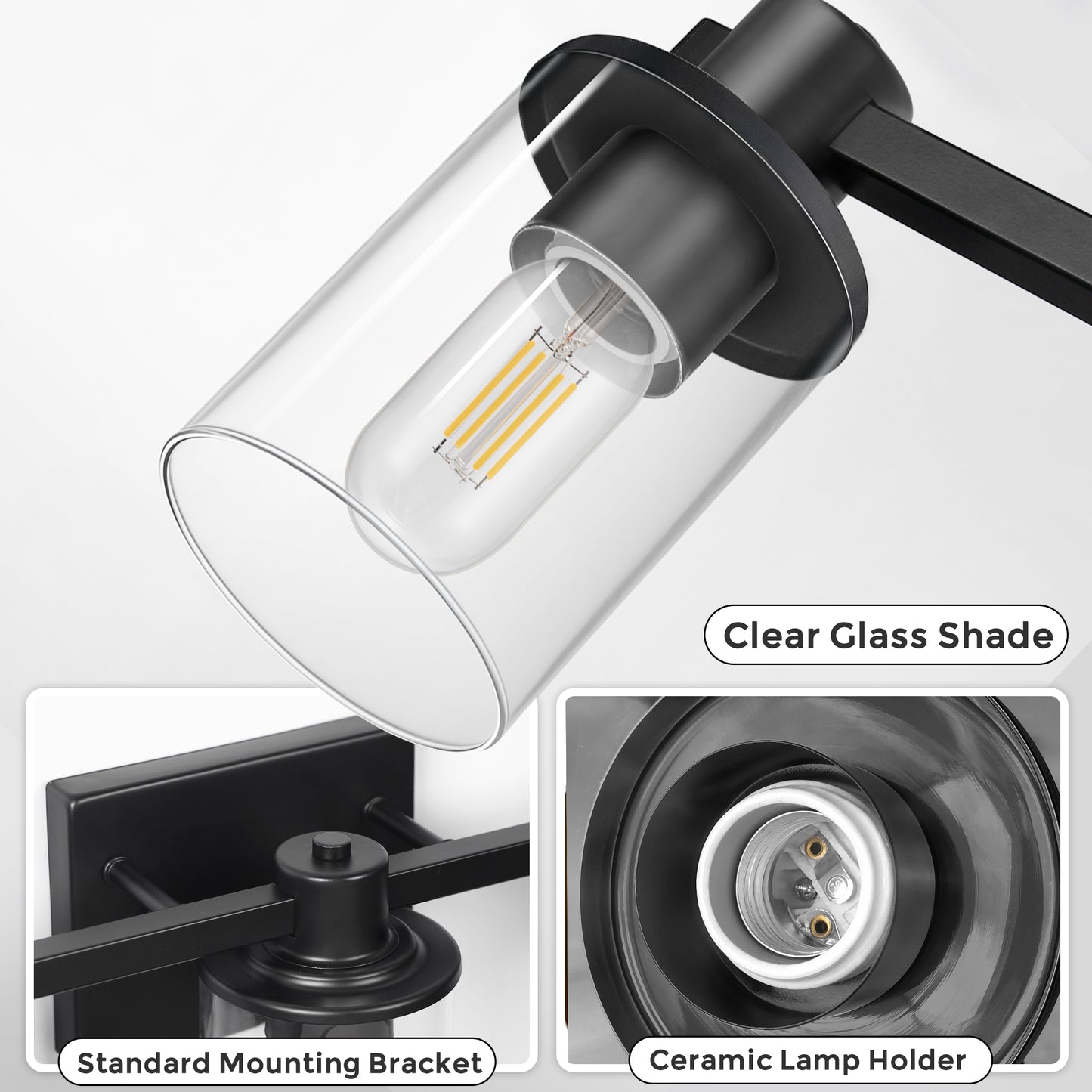 YANSUN 20 in. 3-Light Matte Black Damp Rated Vanity Light Clear Glass Shade with Dimmable No Bulbs Included