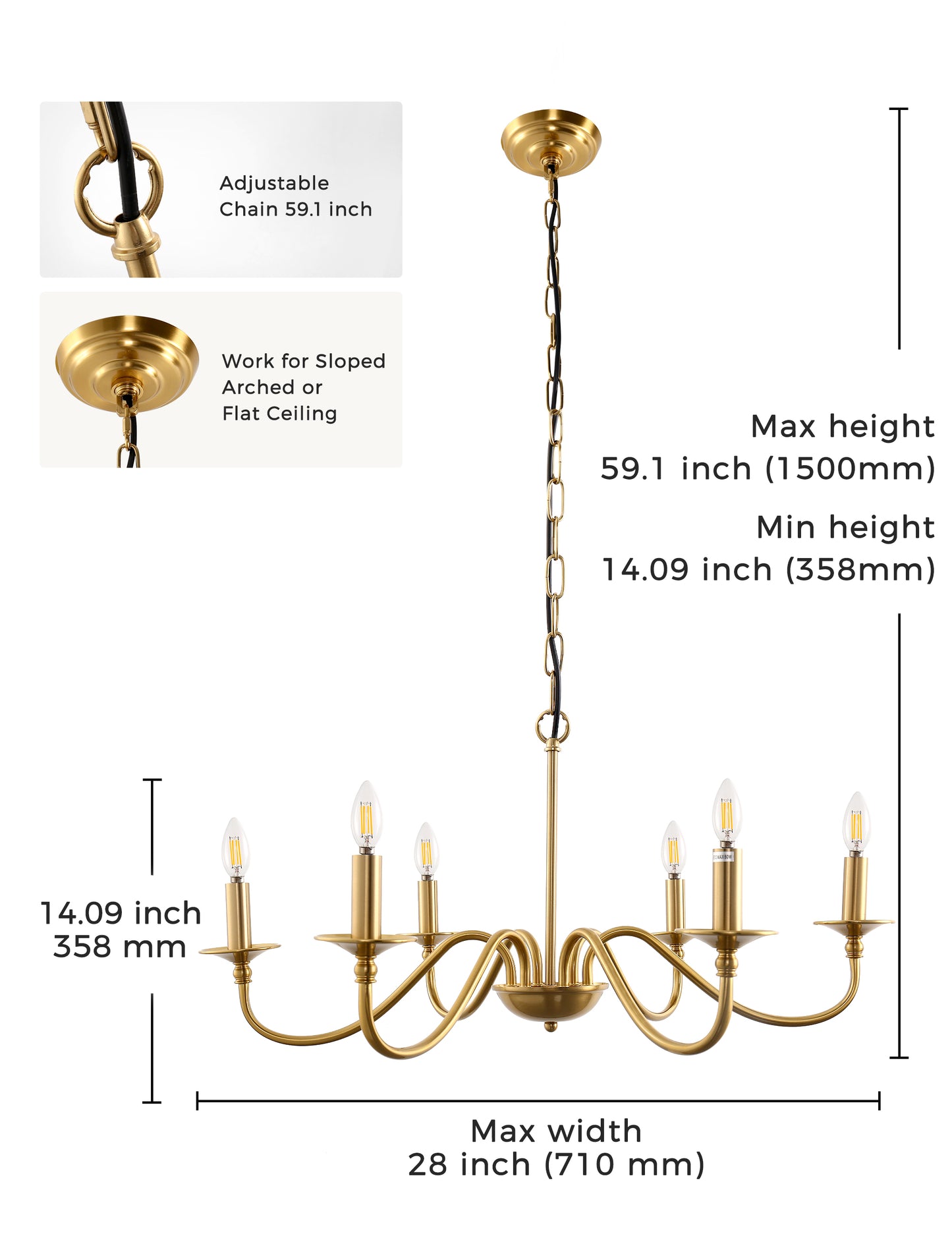 YANSUN 6-Light Gold Candle Rustic Industrial Iron Chandeliers for Dining Room Living Room