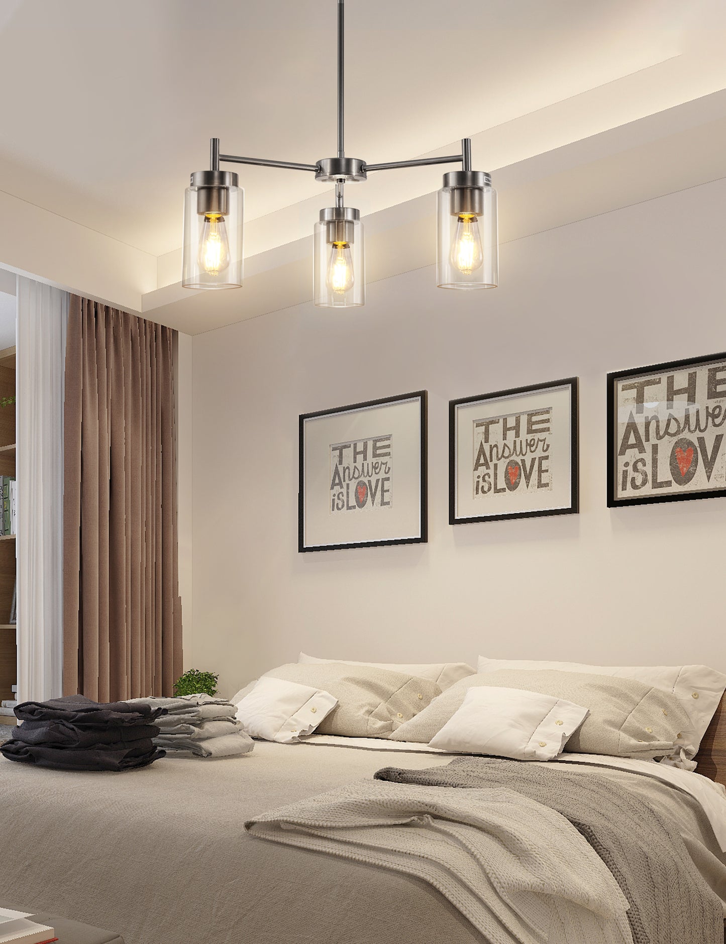 YANSUN 3-Light Chandelier in Brushed Nickel with Clear Glass Shades, a Modern Pendant Light Fixture for Kitchen or Dining Room