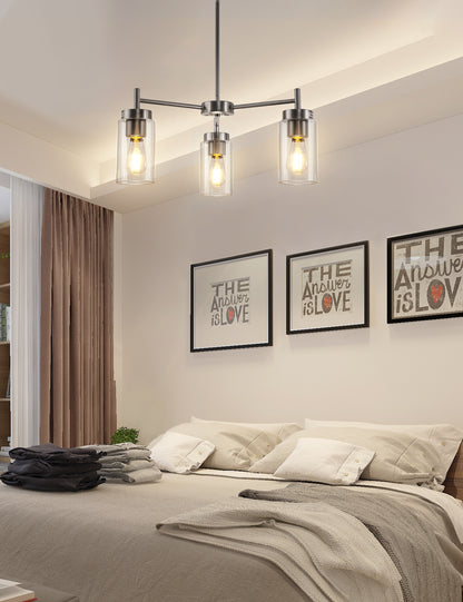 YANSUN 3-Light Chandelier in Brushed Nickel with Clear Glass Shades, a Modern Pendant Light Fixture for Kitchen or Dining Room