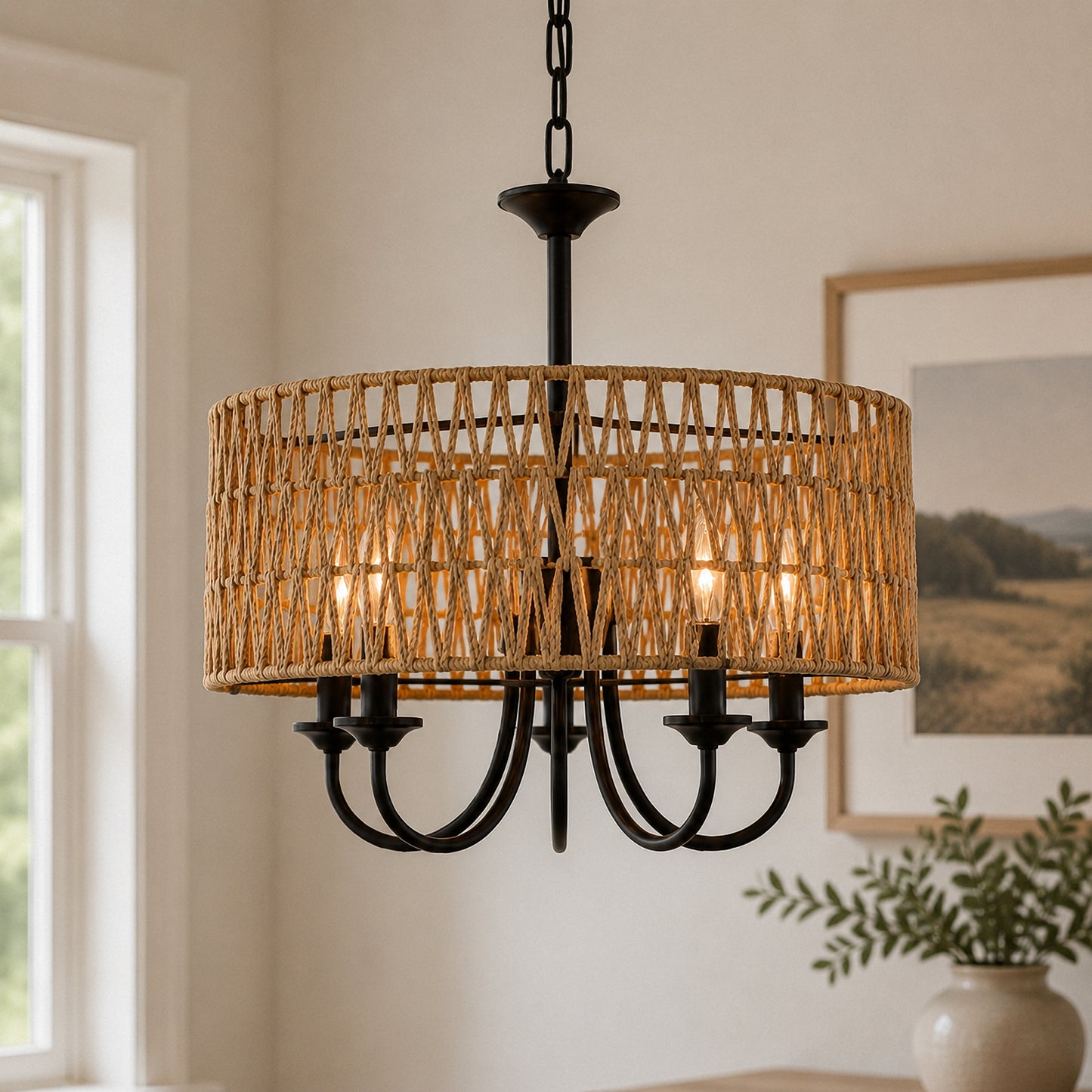 YANSUN 5-Light Matte Black Woven Branch Chandelier Rustic Farmhouse Pendant Light E12