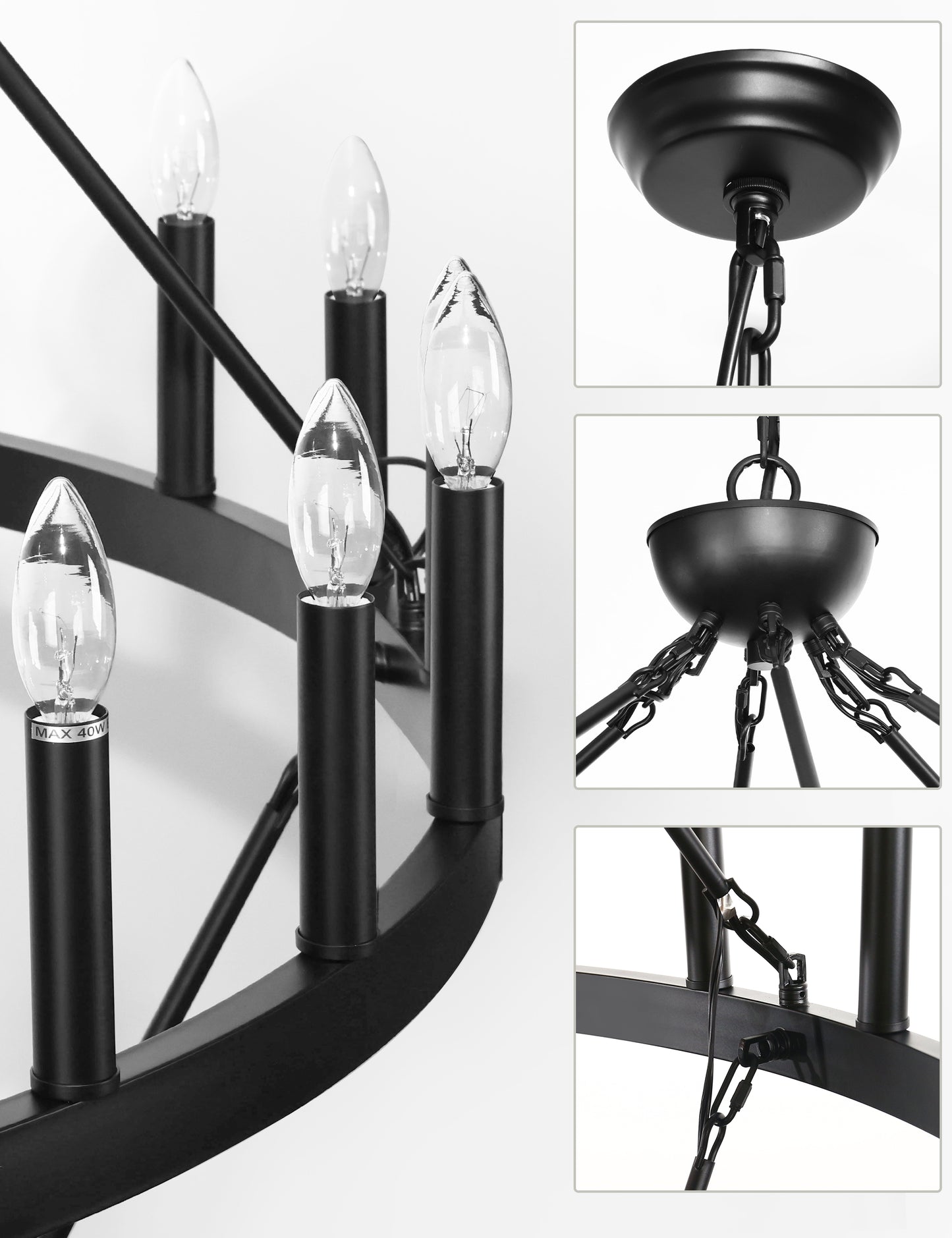 YANSUN 54-Light Industrial Black Chandelier with Double Ring and Straight Rod Design, E12 Base (Bulbs No Included)
