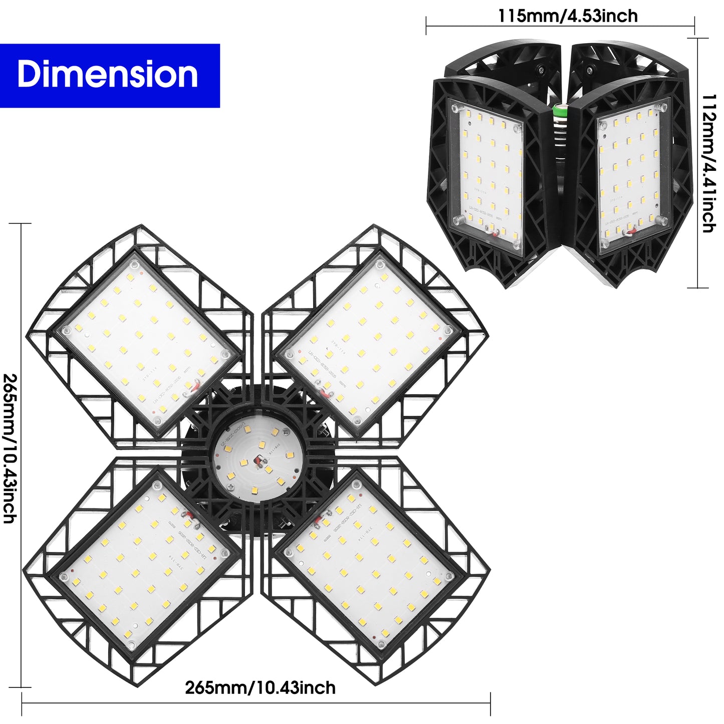 YANSUN LED Garage Light 4 Panel E26, 8000LM 6000K Deformable Ceiling Light, 38W High Brightness Shop Light for Garage Basement Workshop