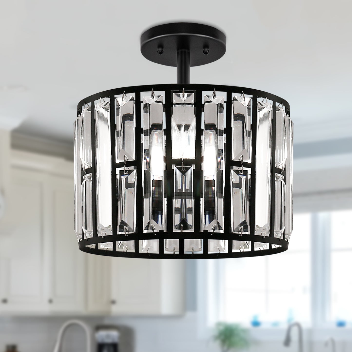 YANSUN 12.4 in. 3-Light Matte Black Semi-Flush Mount Ceiling Light with Crystal Details, E12 Base, for Living room, Bedroom