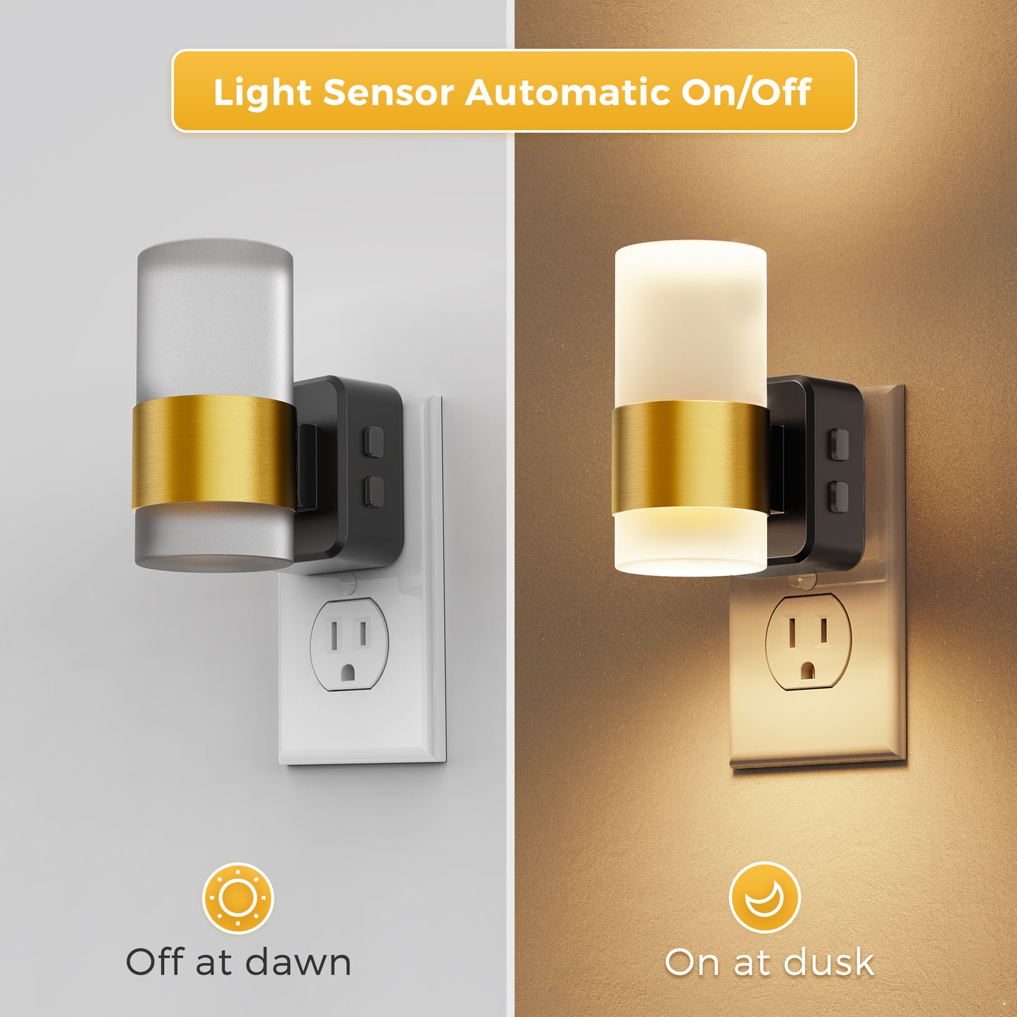 YANSUN 1-Watt Integrated LED Plug-In Night Light, Amber 2700K, Frosted Acrylic Cylinder, Five-Step Dimming, Dusk to Dawn 1-Pack