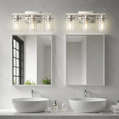 YANSUN 3-Light Vanity Light Wall Sconce in Satin Nickel with Straight Rod and Clear Glass Shades, E26 Base, No Bulbs Included