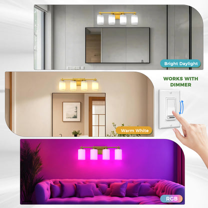 YANSUN 24 in. 4-Light KD-Style Vanity Light, ETL-Certified Copper Finish with Frosted Glass Shades, 120V Bathroom Wall Fixture