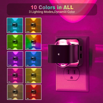 YANSUN 2W Color Changing Cylinder Integrated LED Plug-In Night Light, Black, Amber+RGB+Gradient, Up & Down Beam, 2-Pack