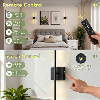 YANSUN 28.3 in. 2-Pack 2-Light Black LED Wall Sconce, Indoor Modern Strip Lights with Remote, Dimmable 3-Color Night Light