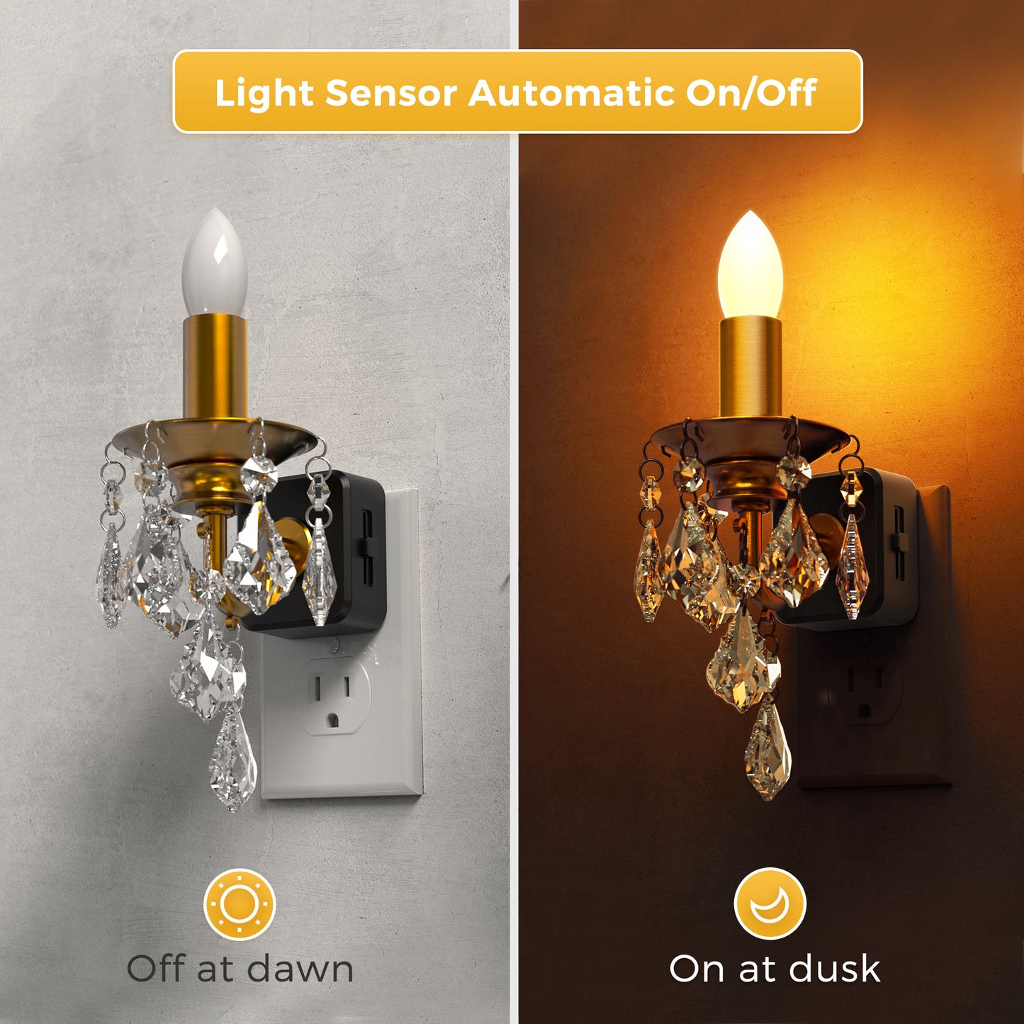 YANSUN 1W Plug-in Night Light with Amber 1600K, Dusk to Dawn Sensor, Slide Dimmer, Crystal Pendant, E12 Style