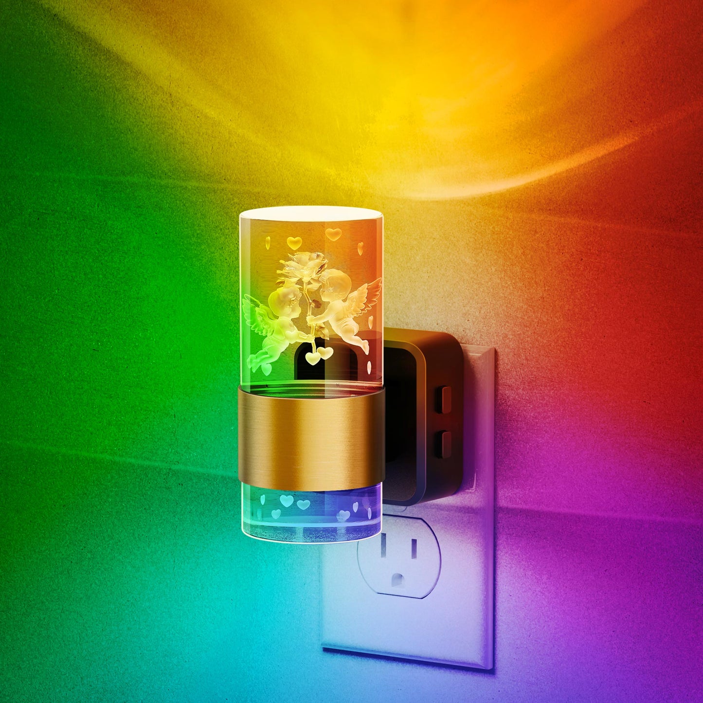 YANSUN 1W Plug-in Light Control Night Light, 3D Engraved Cupid & Gold Ring Design, RGB + 2700K, Adjustable Brightness, Black & Copper Finish