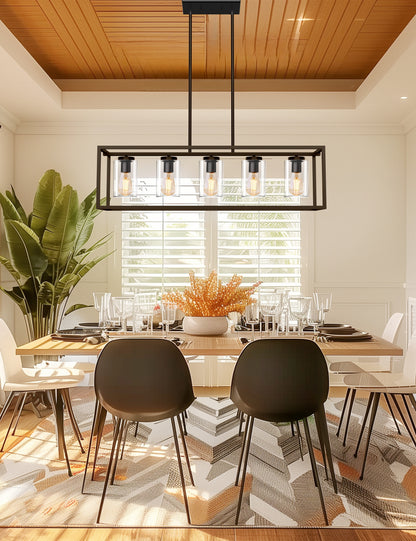 YANSUN Modern 5-Light Matte Black Island Pendant Light with Clear Glass Shades, Adjustable Chain, No Bbs Included