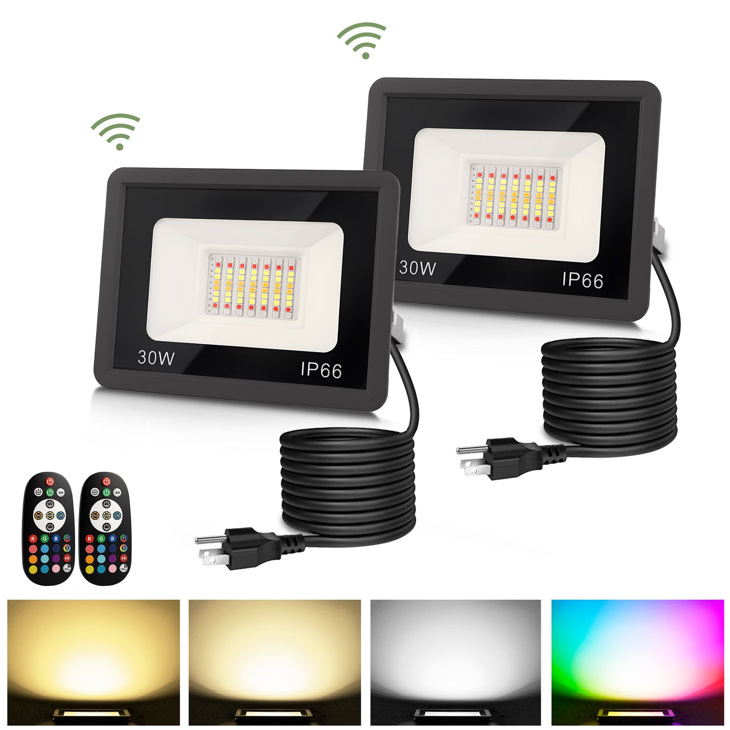 YANSUN 2-Pack RGBCW Light-Sensing Outdoor Flood Light, Black Graphene Housing, IP66 Waterproof, 120V, 3ft UL-Certified Power Cord