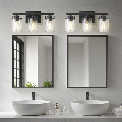 YANSUN 18 in. 3-Light Black Vanity Light with Cylinder Clear Glass Shade for Bathrooms Powder Rooms or Dressing Rooms