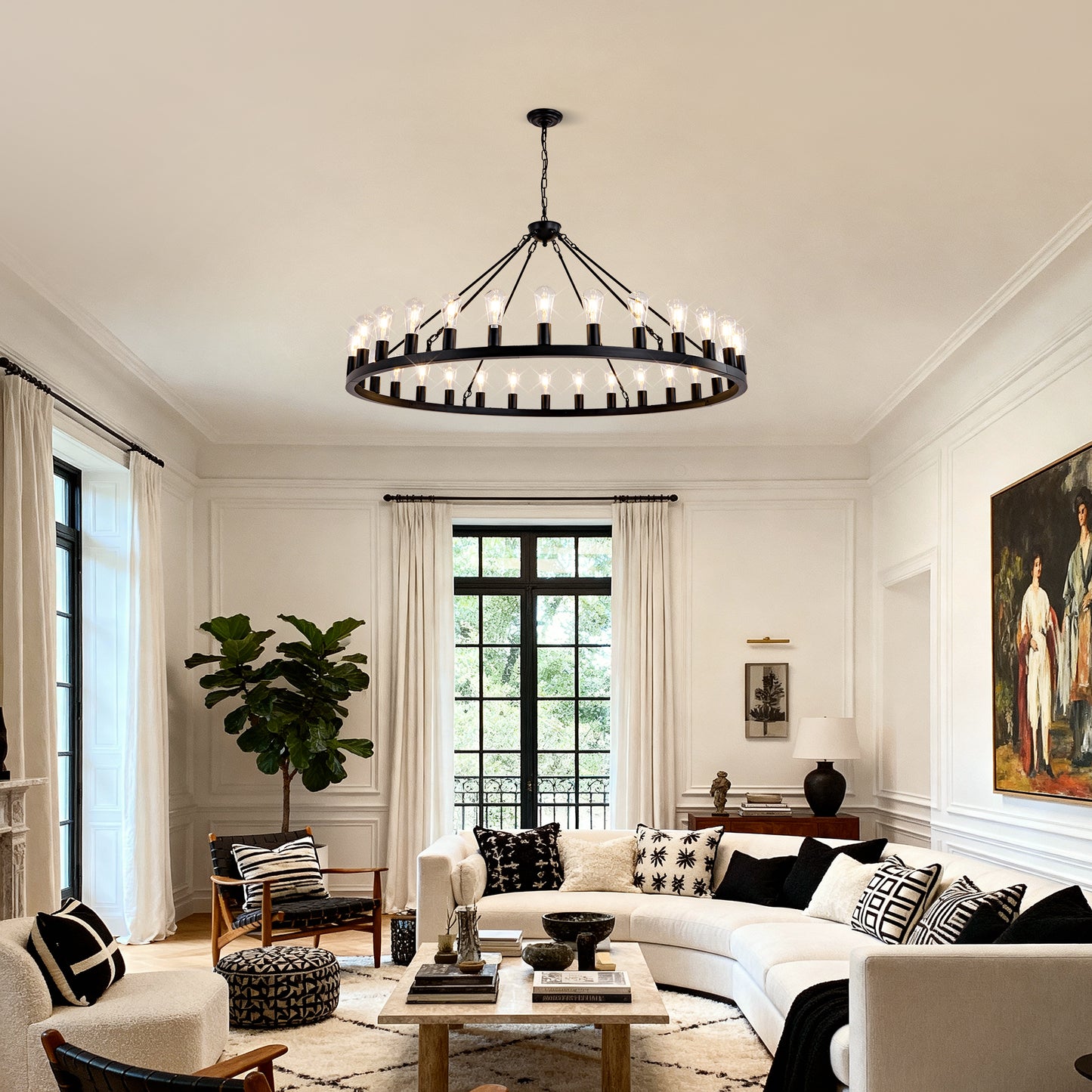 YANSUN 64in. Matte Black Wagon Wheel Chandelier 30-Light E26 Farmhouse Industrial Pendant Light for High Ceiling Dining Room (No Bulbs)