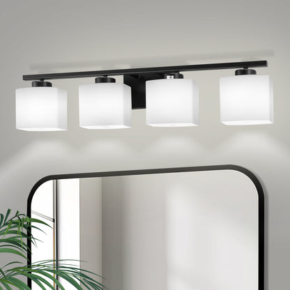 YANSUN 31 in. 4 Light Matte Black Vanity Light for Vanity Powder Room Dressing Room with White Glass Shades