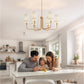 YANSUN 6-Light Chandelier with Straight Tubular Arms and Inverted Cone Fabric Shades, Gold Finish, E12 Bulbs Not Included