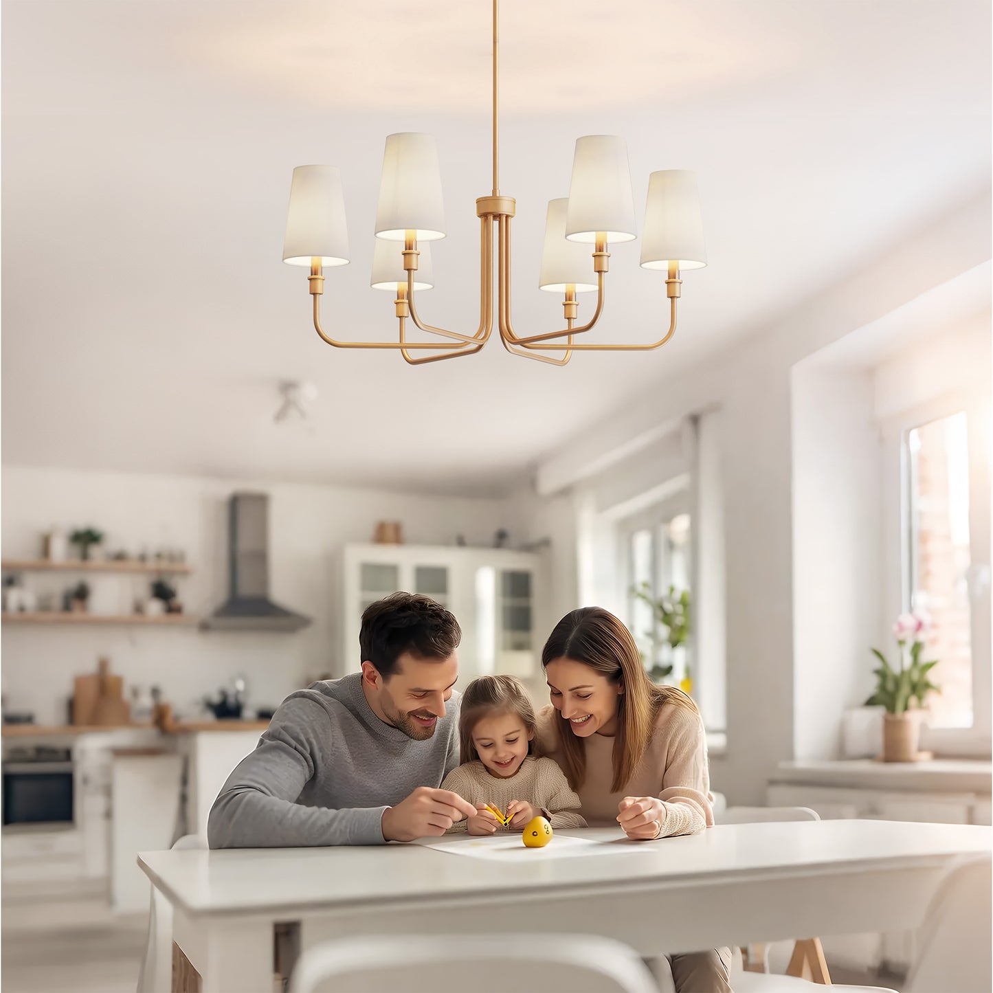 YANSUN 6-Light Chandelier with Straight Tubular Arms and Inverted Cone Fabric Shades, Gold Finish, E12 Bulbs Not Included