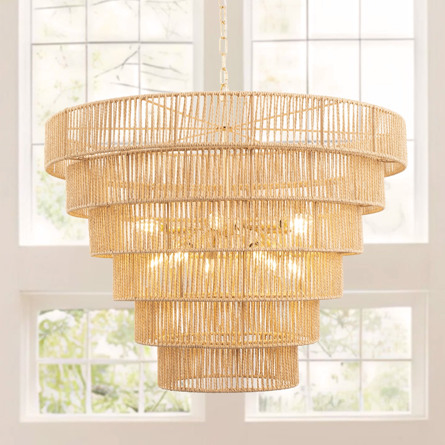 YANSUN 12-Light Boho Chandelier, 6-Tier Copper Finish, Rattan Shades, E12 Base, Non-Integrated Bulbs, Ideal for Living & Dining Spaces
