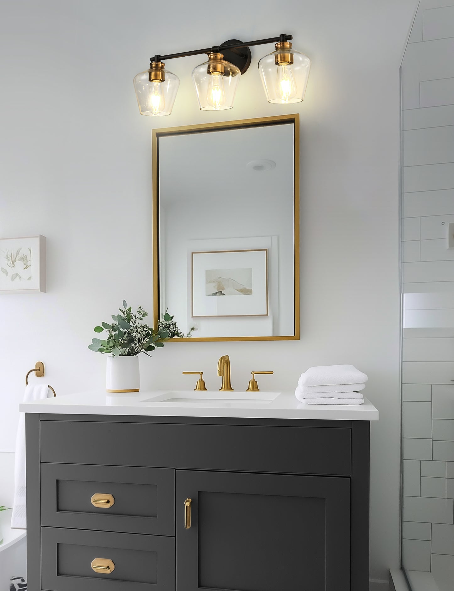 YANSUN 22 in. Black and Gold 3-Light Vanity Light with Clear Glass Shade for Vanity Powder Room Dressing Room