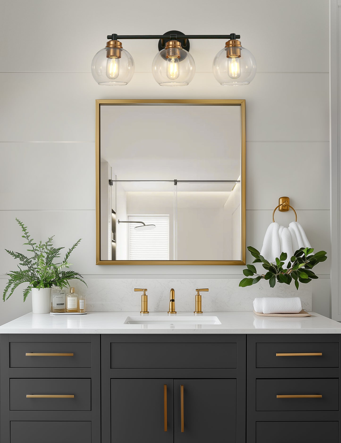 YANSUN 22 in. 3-Light Black and Gold for Bathroom Vanity Light with Clear Glass Shades Wall Sconce