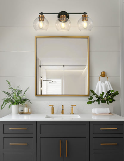 YANSUN 22 in. 3-Light Black and Gold for Bathroom Vanity Light with Clear Glass Shades Wall Sconce