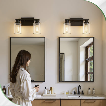 YANSUN 14.17 in. 2-Light Vintage Matte Black Vanity Light with Cylindrical Glass Shades, E26 Base Bathroom Fixture