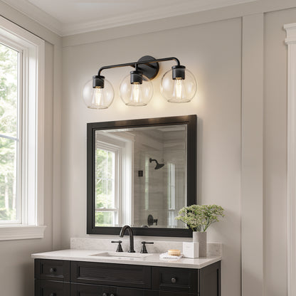 YANSUN 22.7 in. 3 Light Black Vanity Light with Clear Globe Shades Modern Round Wall Mount Wall Light for Bathroom E26 Base