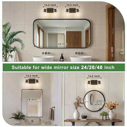 YANSUN 14.17 in. 2-Light Vintage Matte Black Vanity Light with Cylindrical Glass Shades, E26 Base Bathroom Fixture