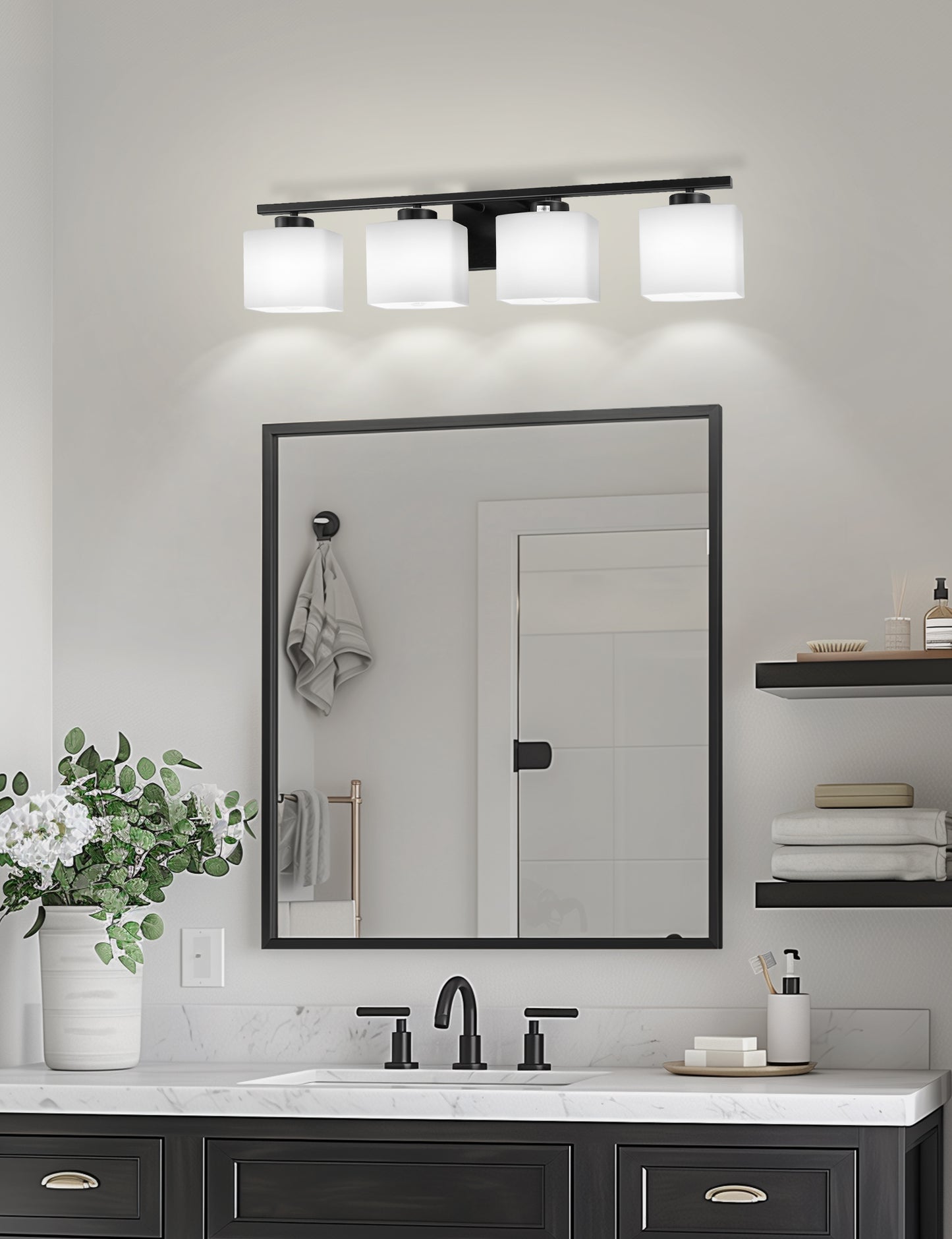 YANSUN 31 in. 4 Light Matte Black Vanity Light for Vanity Powder Room Dressing Room with White Glass Shades