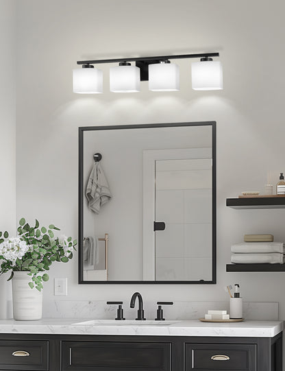 YANSUN 31 in. 4 Light Matte Black Vanity Light for Vanity Powder Room Dressing Room with White Glass Shades
