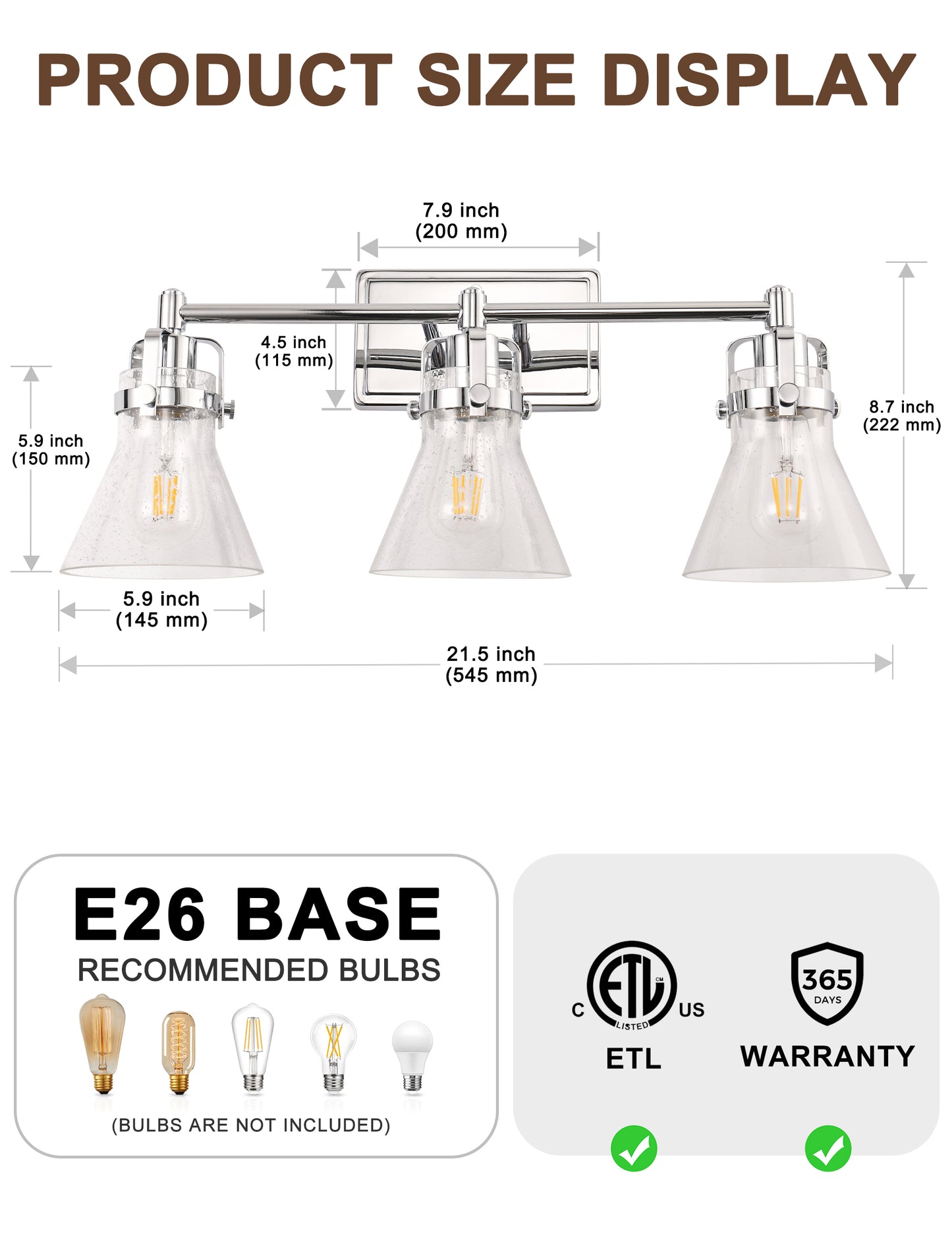 YANSUN 22 in. 3-Light Brushed Nickel Vanity Light with Glass Shade for Powder Rooms, Dressing Rooms or Bathrooms