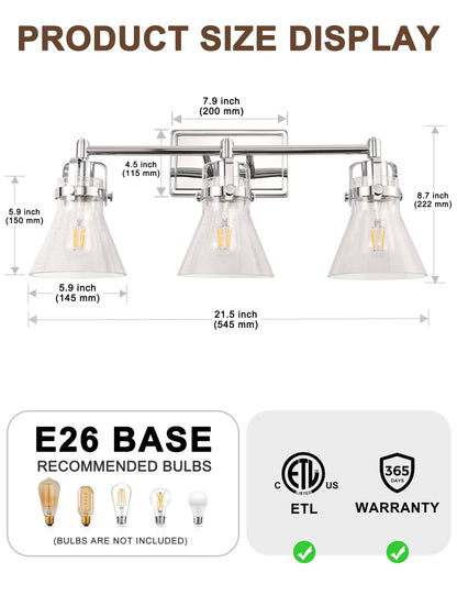 YANSUN 22 in. 3-Light Brushed Nickel Vanity Light with Glass Shade for Powder Rooms, Dressing Rooms or Bathrooms