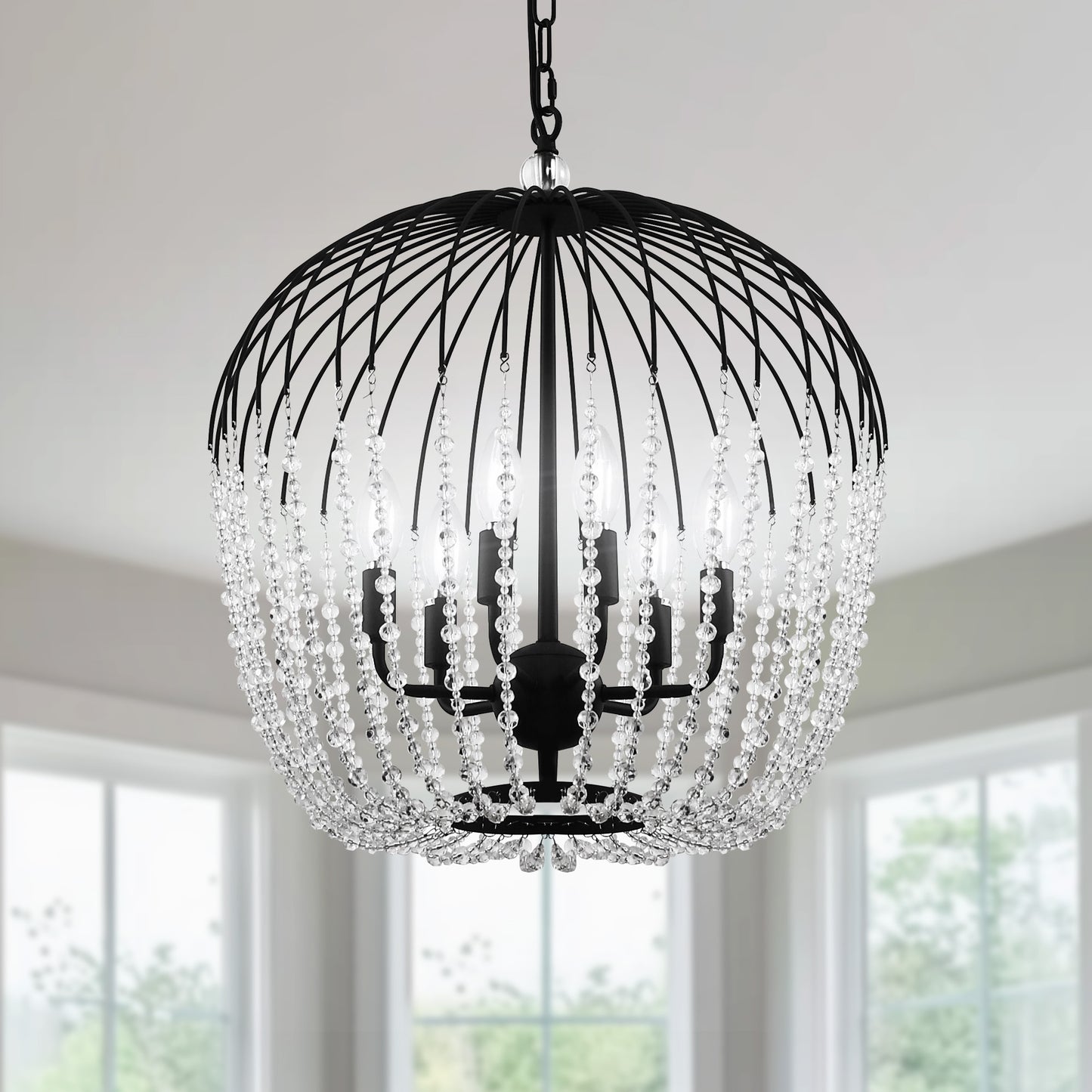 YANSUN 6-Light Black Crystal Pendant Light, Modern Statement Chandelier with E12 Base for Living Room or Dining Room