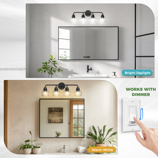 YANSUN 4-Light Black Vanity Light Fixture with Clear Globe Glass Shades Modern Bathroom Wall Sconce E26
