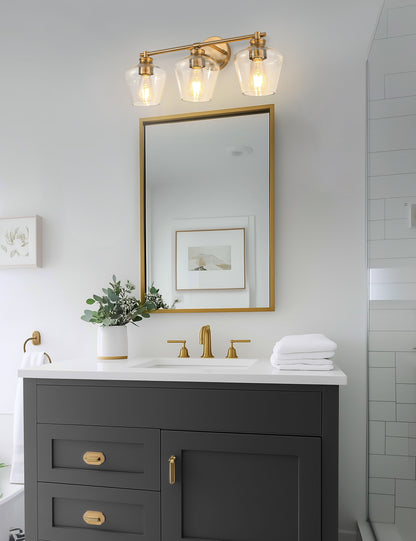 YANSUN 22 in. Gold 3-Light Vanity Light for Bathroom with Clear Wine Glass Shade and No Bulbs Included
