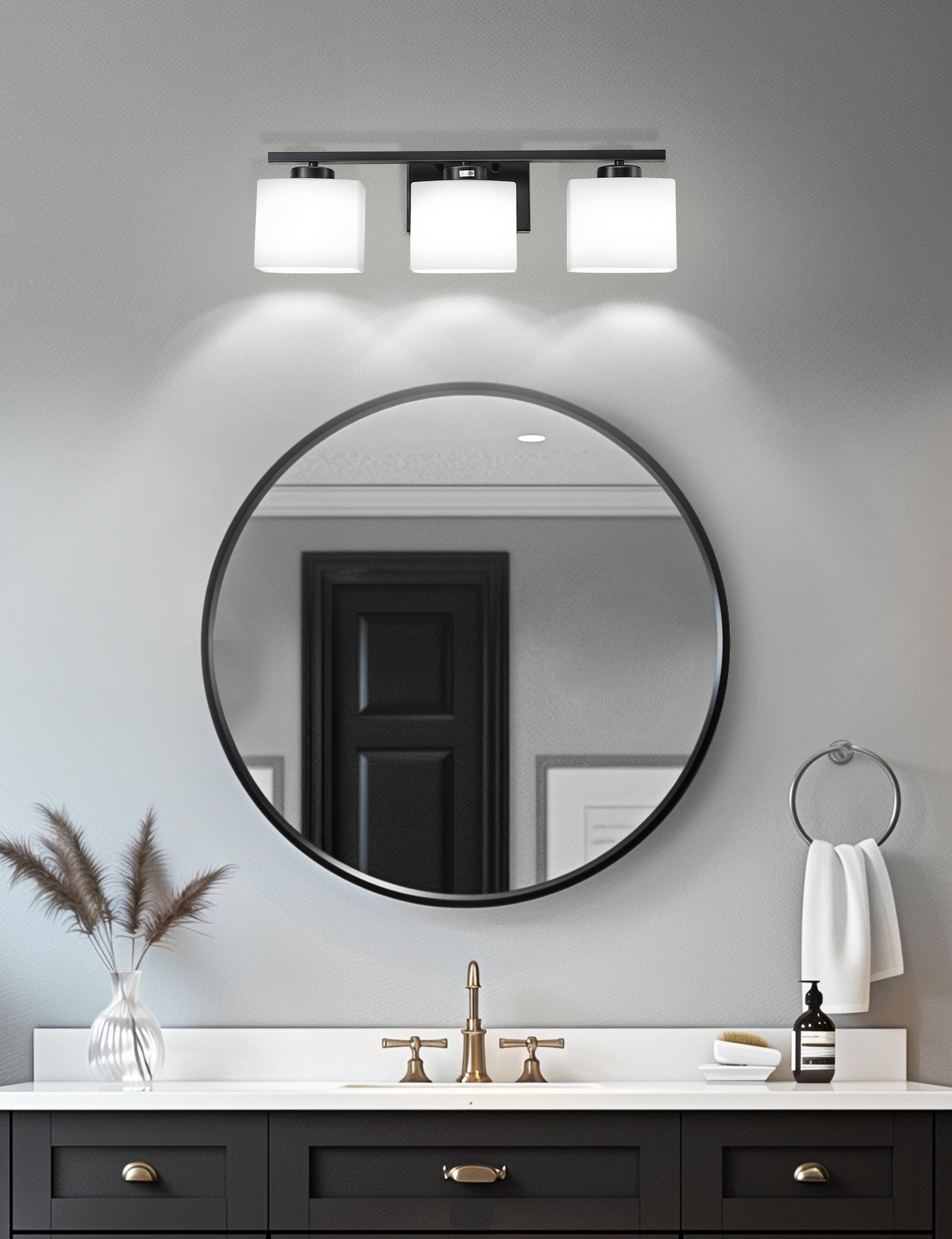 YANSUN 22 in. 3 Light Matte Black Vanity Light for Bathroom Bedroom Living Room with White Shades