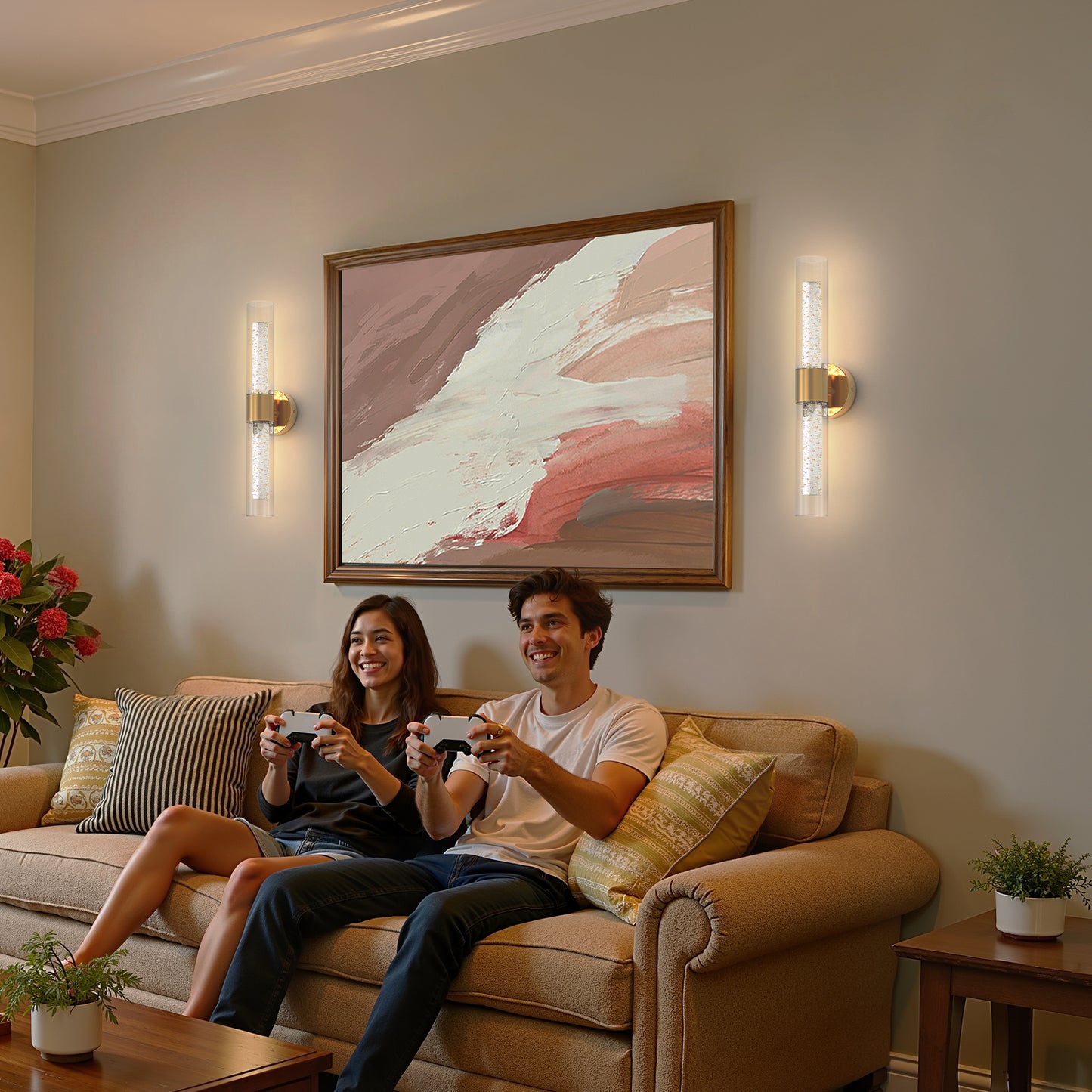 YANSUN 2-Pack Bubble Acrylic Copper LED Wall Sconce Remote Control Remote Timer Dimmable Wall Light for Living Room Hallway