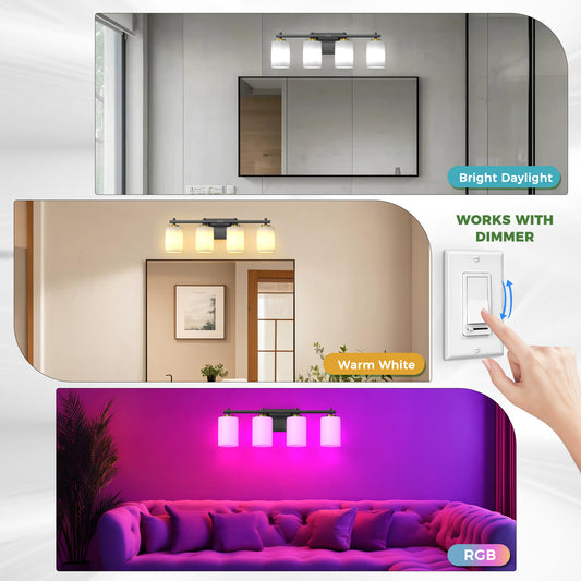 YANSUN 24 in. 4-Light Black and Gold Bathroom Vanity Light with Cylinder Frosted Glass Shade for Vanity or Dressing Room
