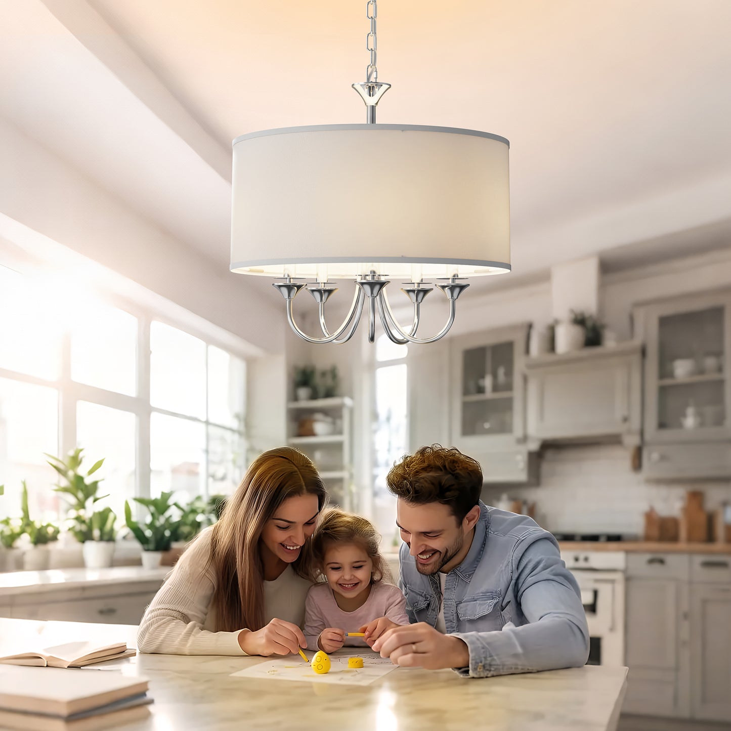 YANSUN 80.5 in. 5-Light Silver Drum Chandelier Modern Branch Arm Pendant Light E12 Base for Dining Room Kitchen Living Room