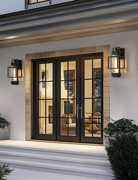YANSUN 1-Light Black Outdoor Wall Lantern Sconce with Water Glass Shade, Hardwired Fixture with Photocell Sensor for Porche