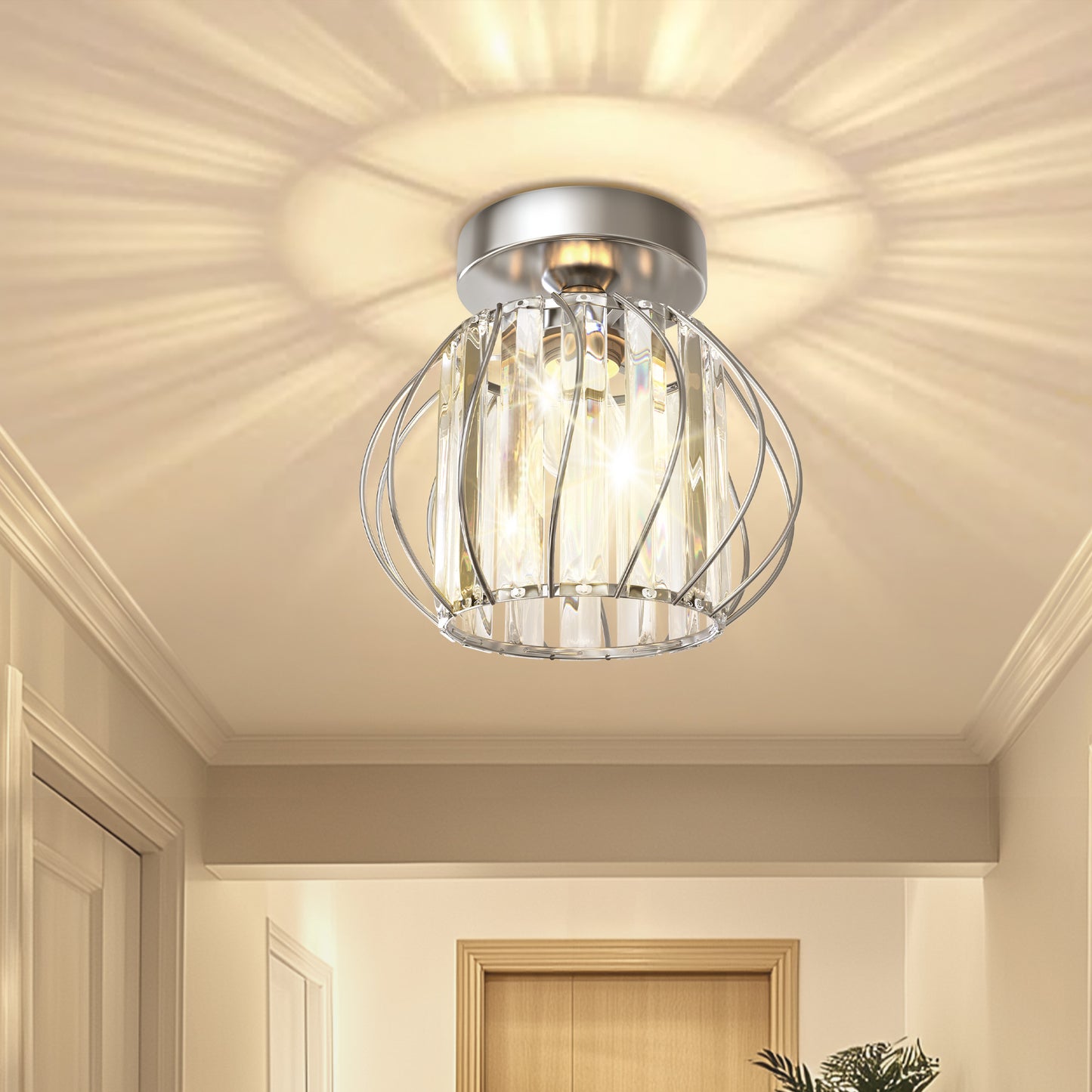 YANSUN 7 in. 1-Light Chrome Modern Crystal Semi Flush Mount Ceiling Light with Cage Design for Hallway, Entryway, or Bedroom