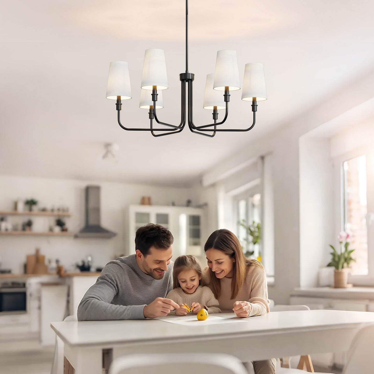 YANSUN 6-Light Industrial Black Chandelier with Tapered Fabric Shade E12 for Dining Room or Foyer Kitchen (Bulbs No Included)