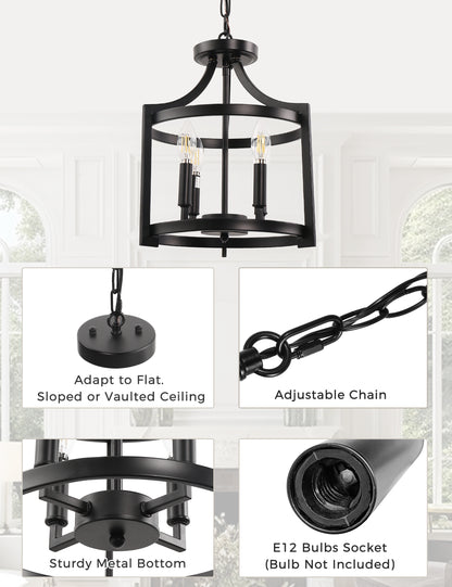 YANSUN 4-Light Black No Decorative Accents Drum Chandelier for Foyer Kitchen Island with No Bulbs Included